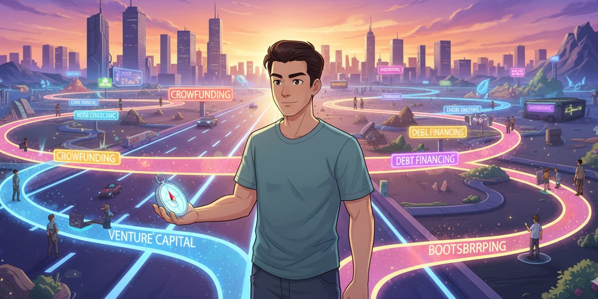  Un imprenditore a un bivio, con una strada che rappresenta il venture capital e percorsi alternativi che simboleggiano altre opzioni di fundraising