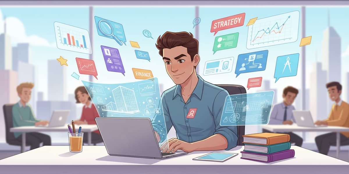 Un professionista in un ufficio, circondato da grafici e strumenti, sta creando un piano strategico per una startup