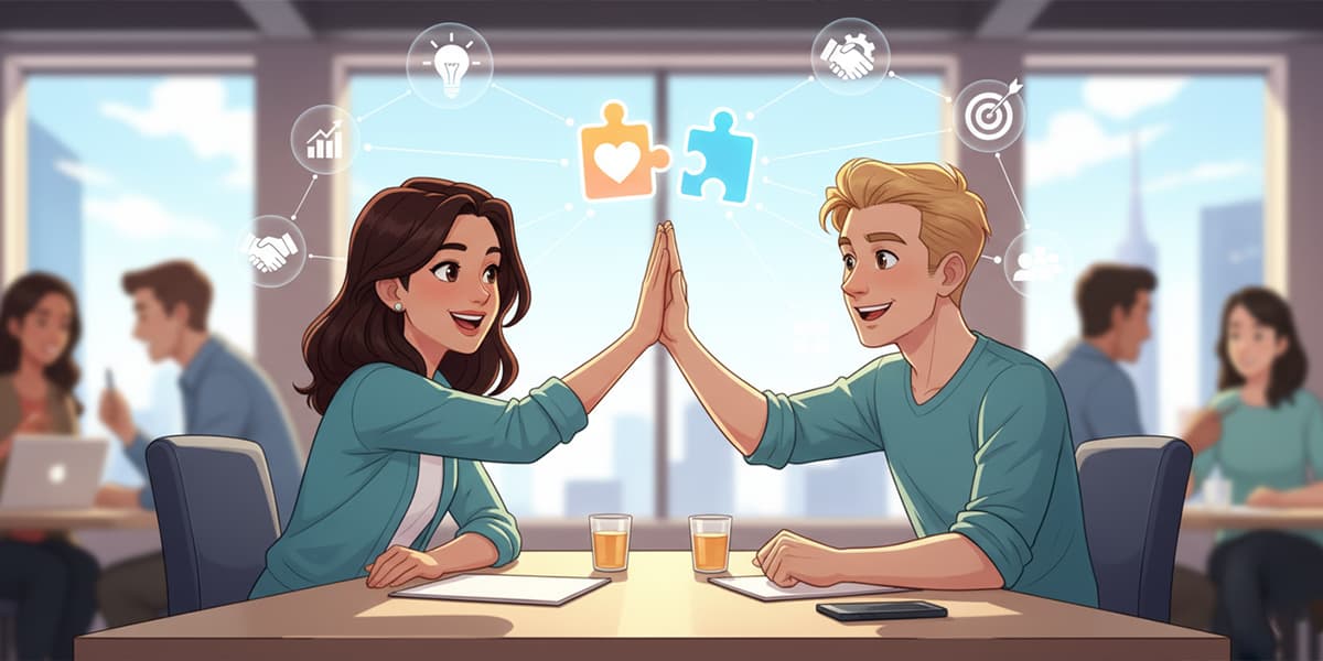 Due co-fondatori sorridono mentre collaborano, simboleggiando una partnership professionale di successo