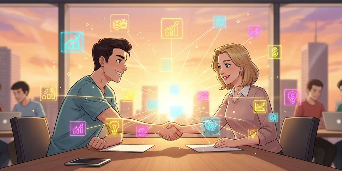 Una stretta di mano tra un fondatore e un investitore, che simboleggia un accordo di fundraising