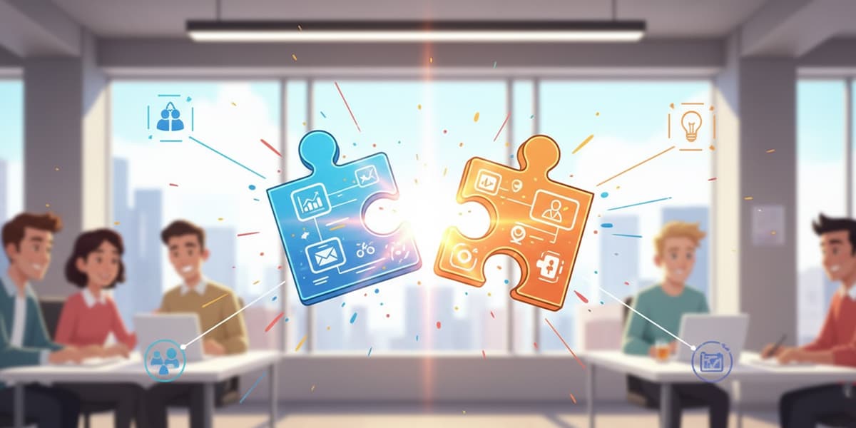 Due pezzi di puzzle luminosi si incastrano perfettamente al centro, simboleggiando un sistema di matching