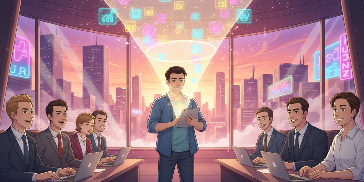 Un fondatore su un palco tiene un computer portatile e si trova di fronte a un imbuto di opportunità, che simboleggia un pitch deck