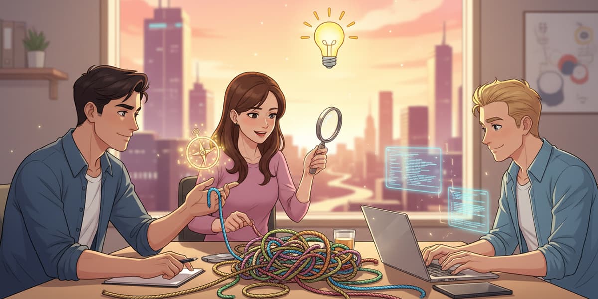 Una mano tiene una bussola luminosa su un nodo ingarbugliato, a simboleggiare l'abilità di problem-solving che risolve una sfida