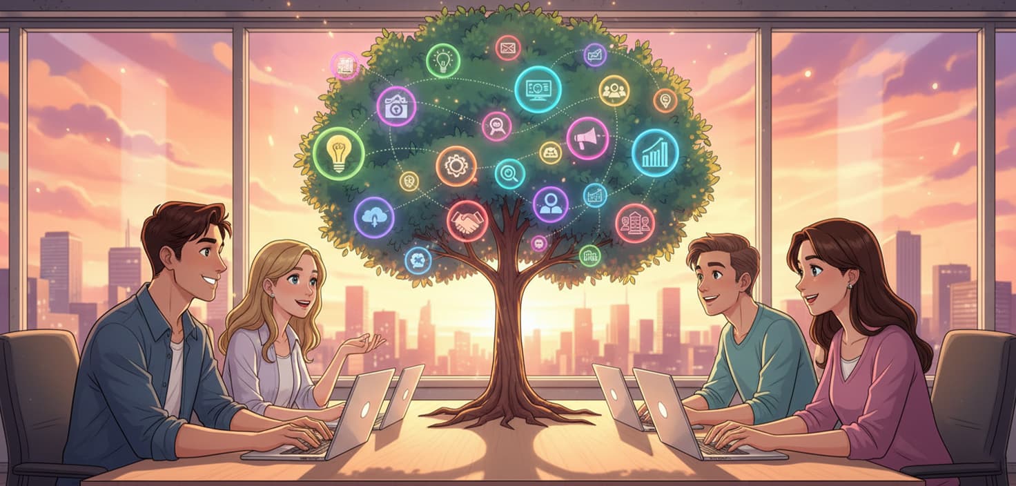 Illustrazione di un ecosistema di startup, con icone interconnesse che rappresentano i diversi elementi della rete