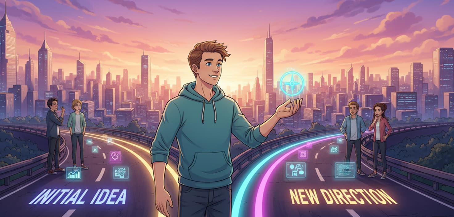 Un'illustrazione concettuale di una persona a un bivio, che sceglie un percorso nuovo e luminoso, a simboleggiare un pivot strategico di una startup