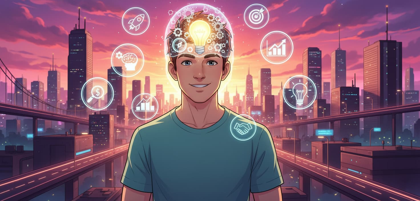 Un'illustrazione concettuale di una testa umana con una ruota dentata, una bussola e una lampadina, che simboleggiano il mindset dell'imprenditore